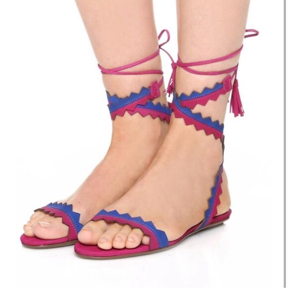 Schutz Leila Zig Zag Ankle Wrap Tassel Sandals - Picture 1 of 10
